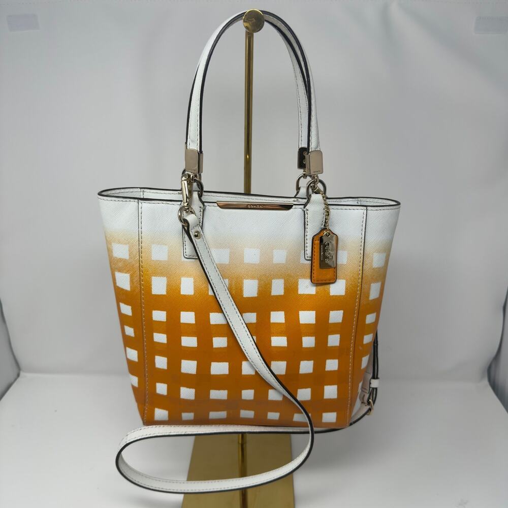 Coach Madison Gingham Check East West Tote Orange/White Authentic RARE